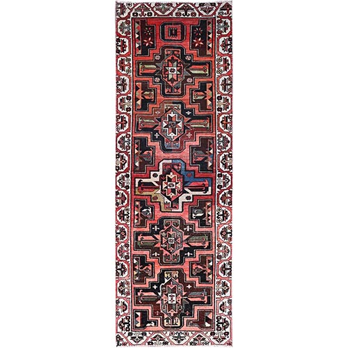 Spice Route Red, Multicolored Geometric Motifs, Sunset Colors, Persian Bakhtiar, Hand Knotted, Great Condition, All Natural Wool, Cleaned And Secured, Sheared Low, Vintage Runner Oriental 