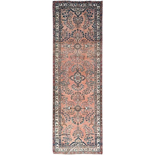Light Red Ochre, Floral Design All Over, Vintage Persian Lilahan, Sheared Low, Abrash, Evenly Worn, Organic Wool, Hand Knotted and Mint Condition, Sides and Ends Secured, Oriental Runner 
