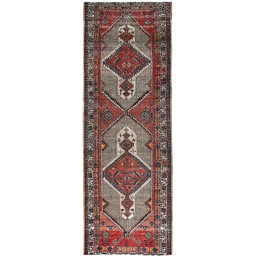 Multicolored, Vintage Persian Serab, Large Tribal And Geometric Elements, Worn and Distressed Condition with No Holes, Organic Wool, Hand Knotted, Runner Oriental 