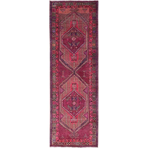 Hibiscus Pink, Large Geometric Elements, Cropped Thin, Velvety Wool, Denser Weave, Even Wear, Vintage Serapi Design, Sides And Ends Secured, Worn and Distressed Condition with No Holes, Runner Oriental 