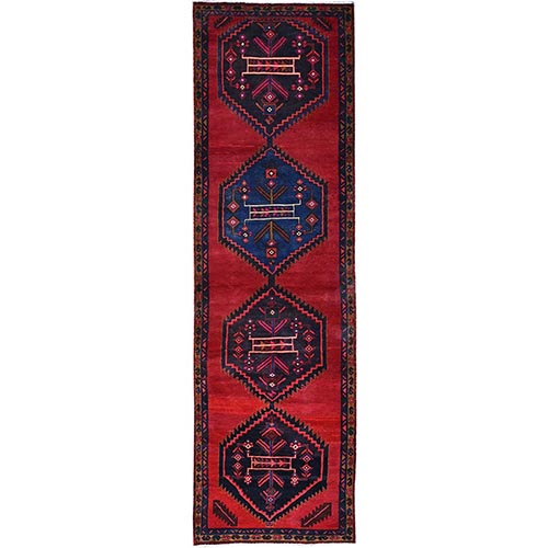 Cherry Red, Hand Knotted, Organic Wool, Soft And Clean, Vintage Persian Hamadan, Cropped Thin And Evenly Worn, Sides And Ends Secured Professionally, Worn and Distressed Condition with No Holes, Runner Oriental 
