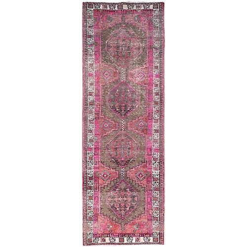 Multicolored, Sheared Low Distressed Look, Cropped Thin, Evenly Worn, Soft Wool, Hand Knotted, Persian Heriz, Sides and Ends Professionally Secured, Antique Runner Oriental 