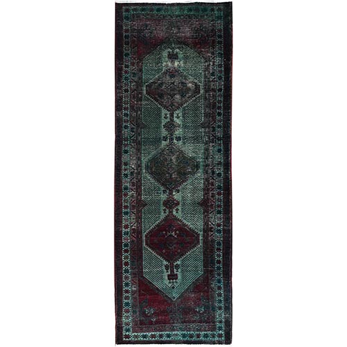 Kombu Green, Overdyed Vintage Persian Serab With Geometric Design, Vibrant Wool, Hand Knotted, Sheared Low, Vegetable Dyes, Distressed Look, Sides and Ends Professionally Secured, Wide Runner Oriental 