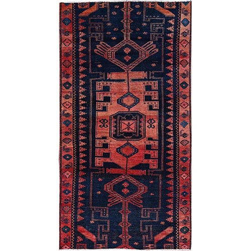 Marine Blue, Vintage Persian Hamadan Hand Knotted, Even Wear, Geometric Medallion, Soft and Vibrant Wool, Cleaned, Sides and Ends Professionally Secured, Denser Weave, Wide Runner Oriental 