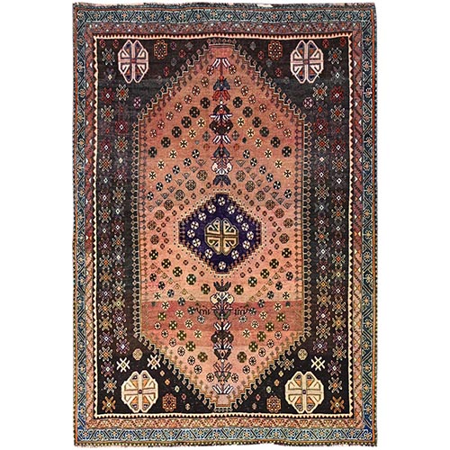 Cantaloupe Orange, Cropped Thin, Hand Knotted Semi Antique Persian Shiraz With Wool Foundation, Evenly Worn, Soft and Vibrant Wool, Sides and Ends Secured, Village Weaving, Distinct Abrash, Oriental 