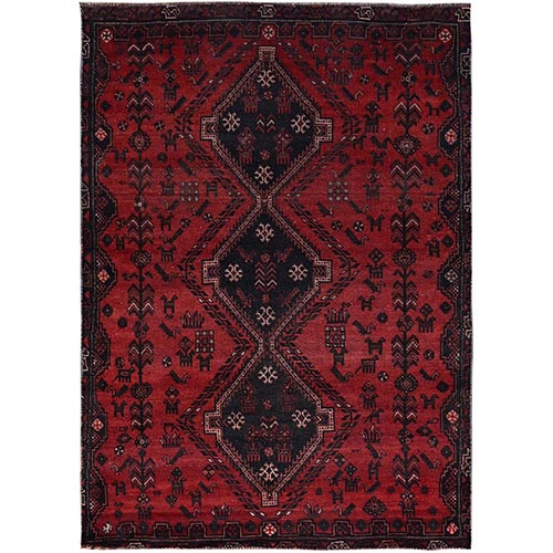 Hot Ember Red, Semi Antique Persian Shiraz With Small Animal Figurines, Hand Knotted Natural Wool, Even Wear, Cropped Thin, Geometric Design, Sides and Ends Secured, Tribal Floor Art, Oriental 