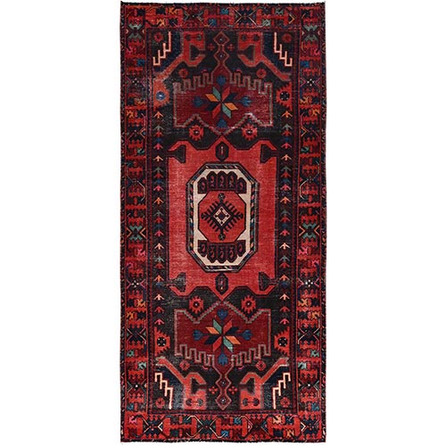 Tractor Red, Vintage Persian Hamadan With Unique Medallion, Velvety Wool, Multicolored, Hand Knotted Distressed, Sides And Secured Professionally, Clean Natural Dyes, Wide Runner Oriental 