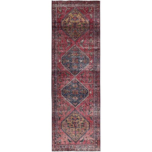 Pear Red, Sides And Ends Secured, Sheared Low, Old North West Persian, 100% Wool, Hand Knotted, Worn And Distressed Look, Abrash, Wide Runner Oriental 