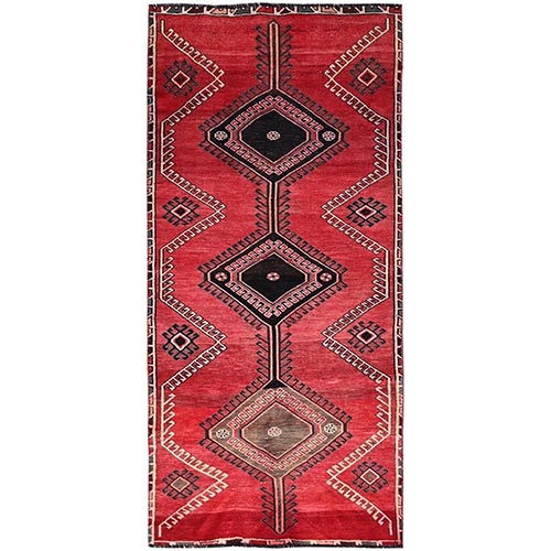 Rusty Red, Semi Antique Shiraz with Geometric Medallion, Evenly Worn, Full Pile, Organic Wool, Sides And Ends Professionally Secured and Cleaned, Sheared Low, Hand Knotted, Distressed, Wide Runner Oriental 