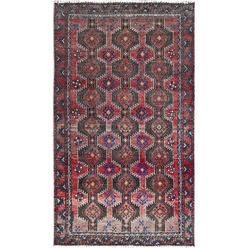 Sox Red, Hand Knotted, Vintage Baluch with All Over Repetitive Geometric Medallion Design, Evenly Worn, Pure Wool, Clean, Sides and Ends Professionally Secured, Distressed Look, Abrash Oriental 