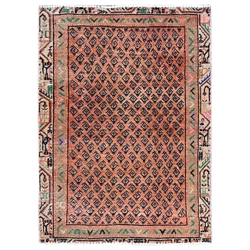 Canyon Sunset Orange, Hand Knotted With Boteh All Over Design, Distressed Look, Cropped Thin, Soft And Silky Wool, Evenly Worn With No Holes, Persian Sarouk Mir, Antique Oriental 