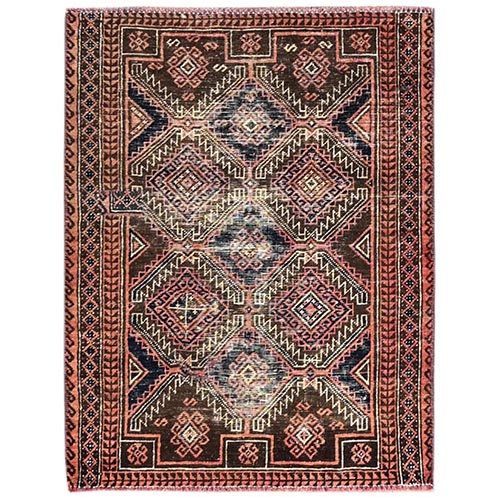 Cafe Noir Brown, Vintage Persian Baluch, Sheared Low All Natural Wool, Serrated Repetitive Medallions, Sides And Ends Secured Professionally, Distressed, Even Wear, Oriental 