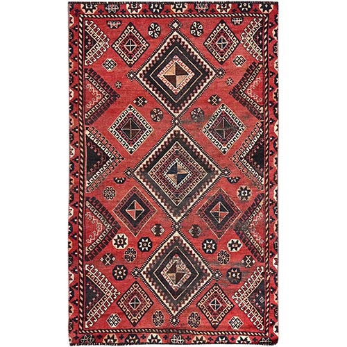 Fire Engine Red, Wool Weft With Even Wear, Hand Knotted, Great Condition, Sides And Ends Secured Professionally, Vintage Persian Shiraz, Distressed With No Holes, Sheared Low, Oriental 