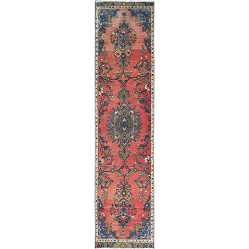 Indian Red, Narrow Vintage Persian Bibikabad, Hand Knotted With Extra Soft Wool, Good Condition, Professionally Secured, Cropped Thin, Distressed Look, Runner Oriental 