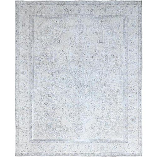 Decorators White, Sides and Ends Secured, Semi Antique Persian Tabriz White Wash, Distressed Look, Hand Knotted Evenly Worn Sheared Low, Cropped Thin, Vibrant Pure Wool, Oriental 