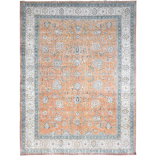 Exotic Orange, Cropped Thin, Old Persian Tabriz Shah Abbas All Over Flower Design, Sunset Colors, Distressed Look, Hand Knotted Organic Wool, Sheared Low, Worn Out, Sides and Ends Professionally Secured and Cleaned, Oriental 