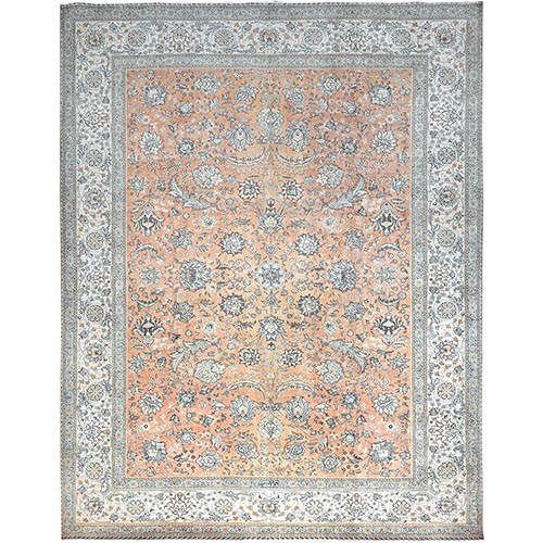 Burnt Sienna Pink, Antiqued Persian Tabriz, Cropped Thin, Evenly Worn Oragnic Wool Hand Knotted, Sheared Low Distressed Look, All Over Floral Design, Clean with Sides and Ends Professionally Secured, Oriental 