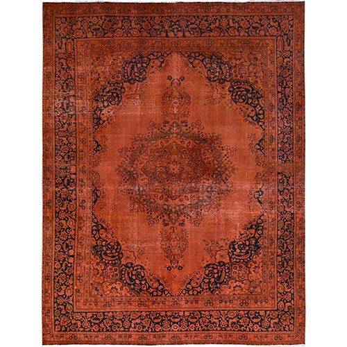 Burnt Orange, Hand Knotted Pure Wool Cleaned, Sides and Ends Professionally Secured, Vintage Persian Tabriz With Open Field Design, Evenly Worn Overdyed Sheared Low, Distressed Oriental 