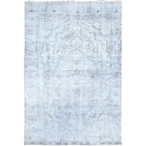 Blue Gray, Hand Knotted Sides and Ends Professionally Secured and Cleaned, Vintage Persian Tabriz, Cropped Thin, Sheared Low, Evenly Worn, Shiny Wool, Oriental Distressed 