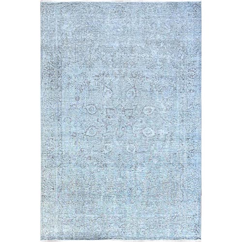 Celestial Blue, Vintage Persian Tabriz, Hand Knotted Cropped Thin, Sheared Low, Evenly Worn, 100% Wool, Sides and Ends Professionally Secured and Cleaned, Oriental Distressed 