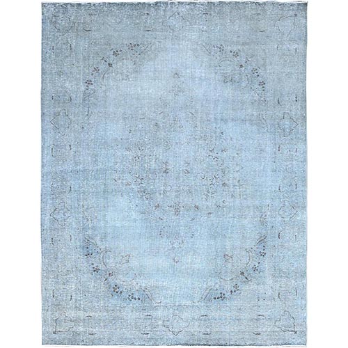 Fog Blue, Sides and Ends Professionally Secured and Cleaned, Sheared Low, Pure Wool, Hand Knotted, Vintage Persian Tabriz, Distressed Look, Cropped Thin, Oriental 