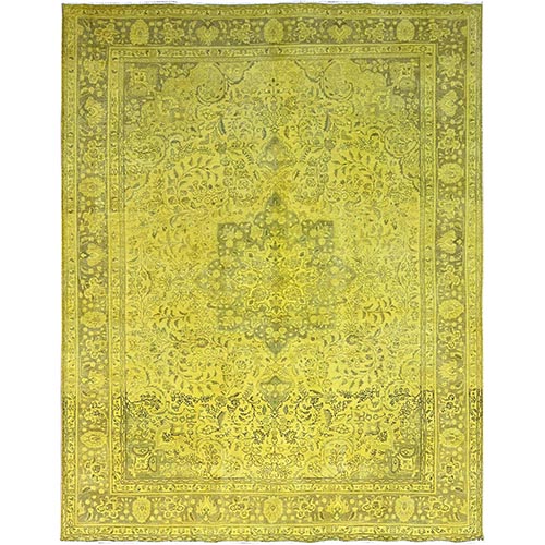 Warm Olive Yellow, Vintage Hand Knotted Overdyed Persian Tabriz, Open Field Design, Sheared Low, All Wool, Cropped Thin, Sides and Ends Professionally Secured and Cleaned, Oriental 