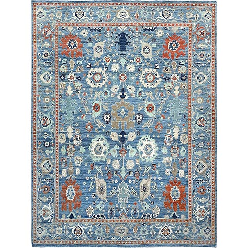 Niagara Blue, Hand Knotted, Vegetable Dyes, Caucasian Gul Motifs Design, Soft and Vibrant Wool, Shaved Down, Zero Pile, Oriental 