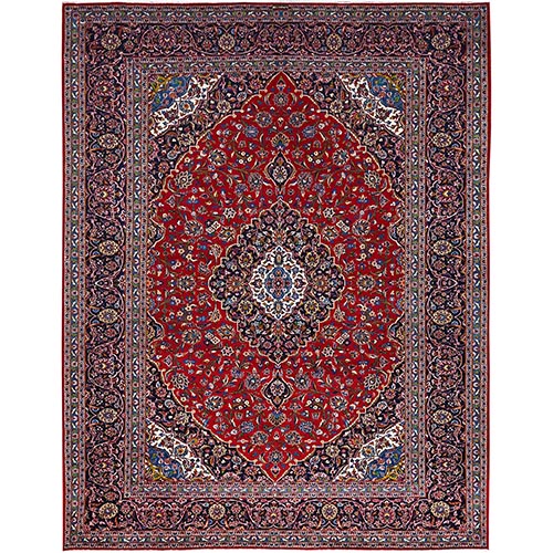 Angels Red, Blue Border and Corners, Old Persian Kashan Hand Knotted Medallion Design, Nomad Creation, Full Pile, Vegetable Dyes, All Wool Oriental Rug