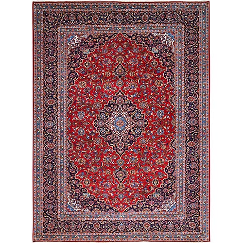 Auburn Red and Prussian Blue, Hand Knotted Soft and Vibrant Wool, Tribal Floor Art, Full Pile, Vintage Persian Kashan Medallion Design, Oriental Rug