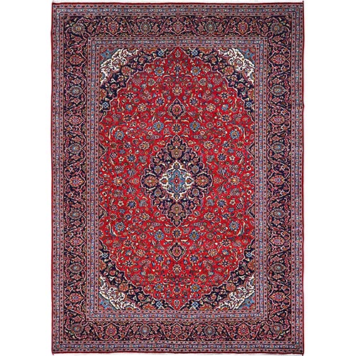 Ladybug Red With Midnight Blue Border and Corners, Vintage Persian Kashan With Central Motif Design, Hand Knotted Village Weaving, Full Pile Extra Soft Wool, Oriental Rug
