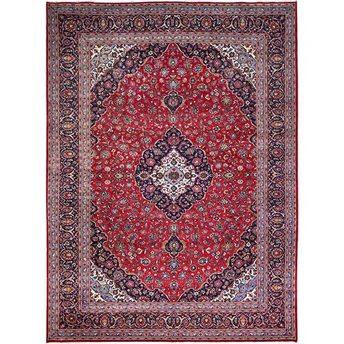 Lobster Red, Vintage, Nomad Creation, Persian Kashan, Hand Knotted Full Pile Organic Wool, Vegetable Dyes Central Medallion Oriental Rug