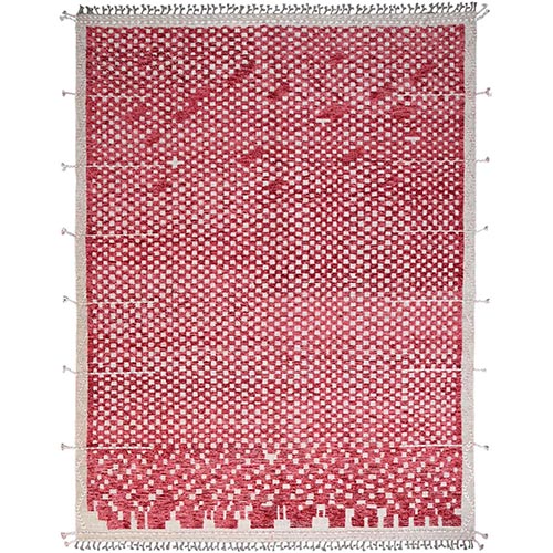 Chilli Pepper Red With Narrow Border, Hand Knotted, 100% Wool, All Over Grid Design, Marmoucha Inspired Moroccan Oriental 