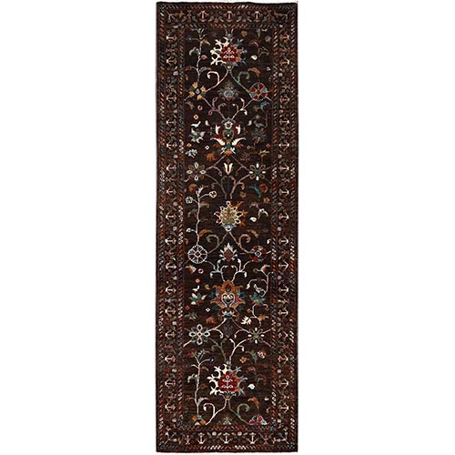 Dark Choclate Brown, Hand Knotted, Densely Woven, Velvety Wool, Flower Blossom Design, Oriental Afghan Sultani Runner 