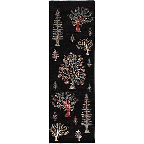 Night Black, Extra Soft Wool, Denser Weave, Large Tribal Tree Design, Afghan Sultani, Hand Knotted, Oriental Runner 