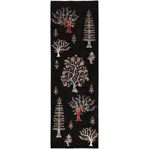 Asphalt Black With Colorful Tribal Tree Design, Densely Woven, Organic Wool, Hand Knotted, Afghan Sultani, Oriental Runner 