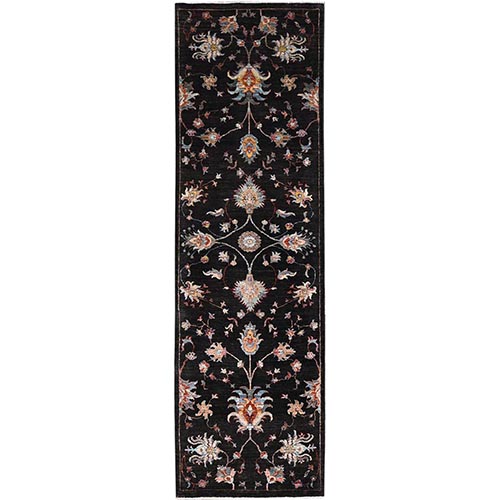 Crow Black, Vegetable Dyes, Hand Knotted And Densely Woven Soft Wool, Afghan Sultani All Over Floral Design, Oriental 