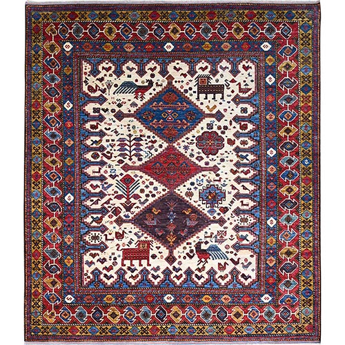 Navajo White, Turkish Knot Geometric Design With Animal and Birds Figurines, Shiny Wool, Wool Weft, Hand Knotted, Oriental Rug