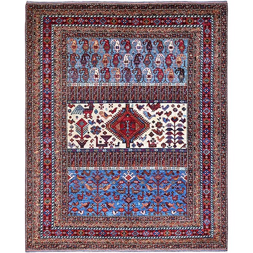 Lichen Blue, Multiple Borders, Compartmentation Design, Turkish Knot Geometric Pattern, Hand Knotted Small Animals and Birds Figurines, Shiny Wool, Oriental Rug