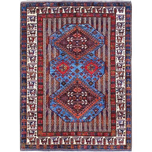 Pacific Coast Blue With Ivory Border, Soft and Shiny Wool, Turkish Knot Tribal Design With Small Birds Figurines, Hand Knotted, Oriental Rug