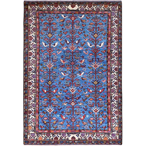 Cerulean Blue, Hand Knotted, Velvety Wool, Turkish Knot Village Design With Small Birds Figurines, Oriental Rug