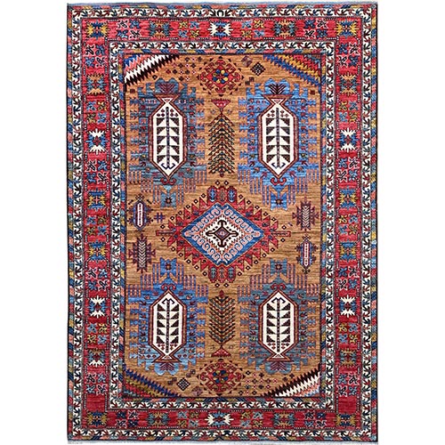 Amber Gold With Velvet Red Border, Hand Knotted, Soft and Vibrant Wool, Turkish Knot Geometric Gul Motifs, Oriental Rug
