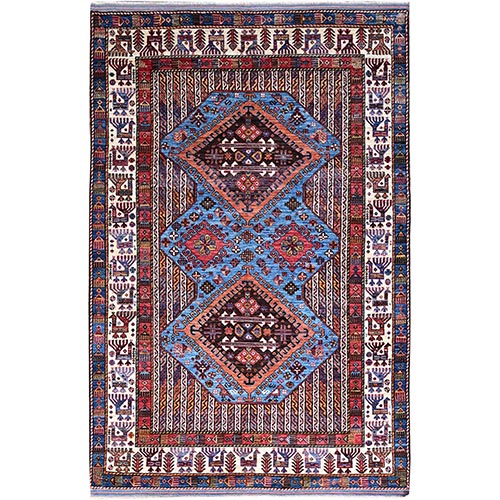 Azure Blue and Comfort White, Hand Knotted, Shiny Wool, Colorful Turkish Knot Geometric Elements With Small Birds Figurines, Striped Oriental Rug