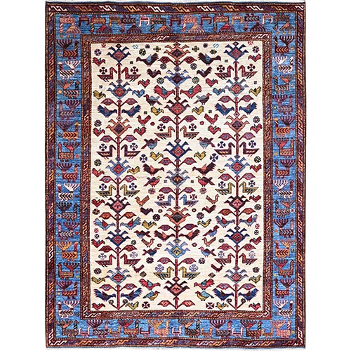 Pepper White and Atlassian Blue Border, Shiny Wool, Turkish Knot With Small Birds Figurines, Hand Knotted Oriental Rug