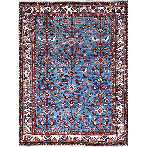 Cornflower Blue, Ivory Border, Vegetable Dyes Turkish Knot With All Over Small Birds Figurines, Densely Woven Hand Knotted, Shiny Wool, Oriental Rug