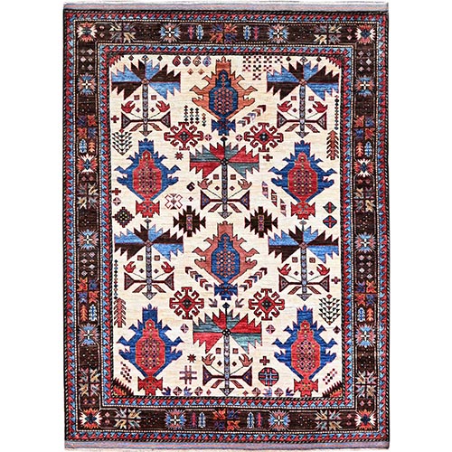 Casabianca White and Umber Brown, Hand Knotted Vegetable Dyes, Soft Wool, Turkish Knot All Over Village Design, Densely Woven, Oriental Rug