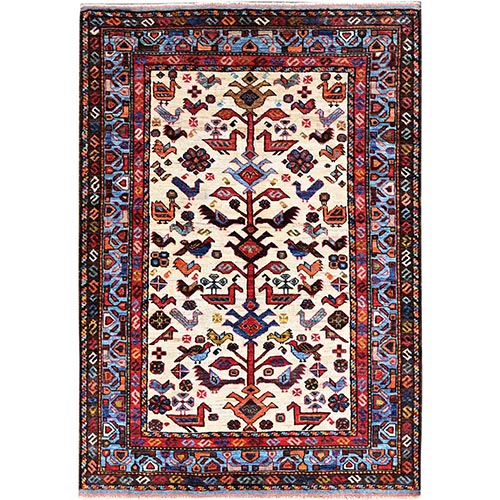 Swiss Coffee White with Quilt Blue Border, Hand Knotted Vibrant Wool, Turkish Knot With All Over Small Birds Figurines, Denser Weave Natural Dyes, Oriental Rug