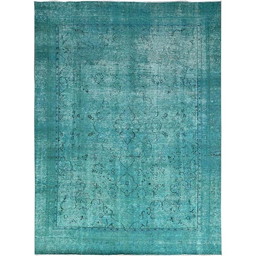 Deep Green, Overdyed Vintage Persian Tabriz Sides and Ends Professionally Secured and Cleaned, Distressed Sheared Low, Hand Knotted, Cropped Thin, Abrash Evenly Worn 100% Wool Oriental 