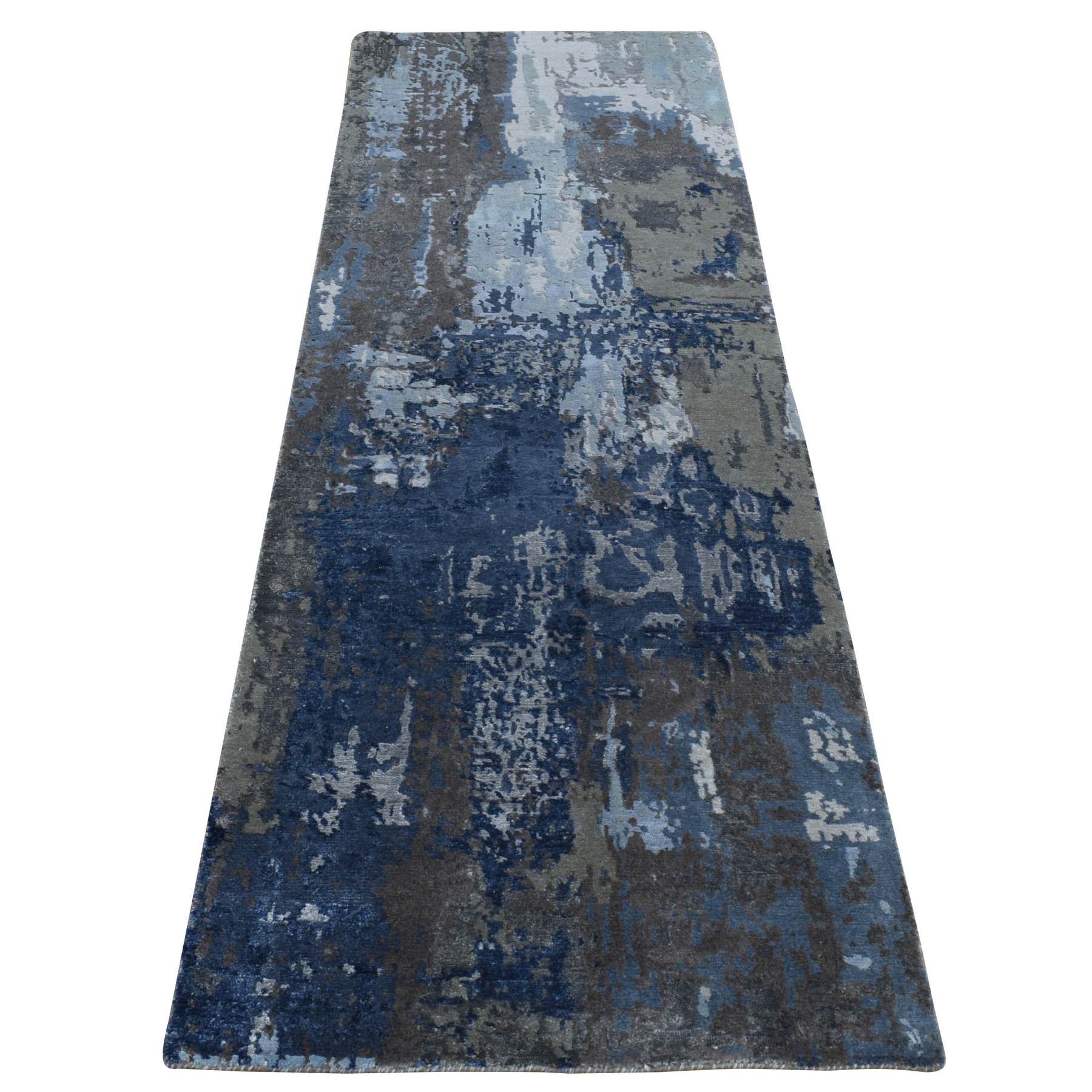 Prussian Blue, Hand Knotted, Abstract Design, Wool and Silk, Hi-Lo Pile,  Runner Oriental Rug- Product:Prussian-Blue-Hand-Knotted-Abstract-Design-Wool -and-Silk-Hi-Lo-Pile-Runner-Oriental-Rug-436040