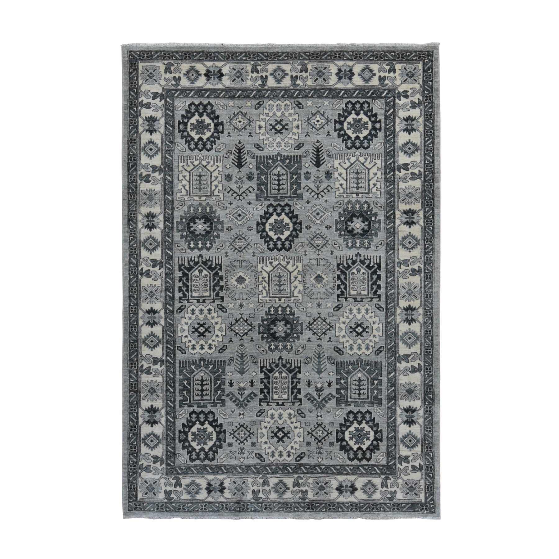 Medium Gray, Pure Wool, Hand Knotted, Peshawar with Karajeh Design,  Oriental Rug- Product:Medium-Gray-Pure-Wool-Hand-Knotted-Peshawar -with-Karajeh-Design-Oriental-Rug-435005