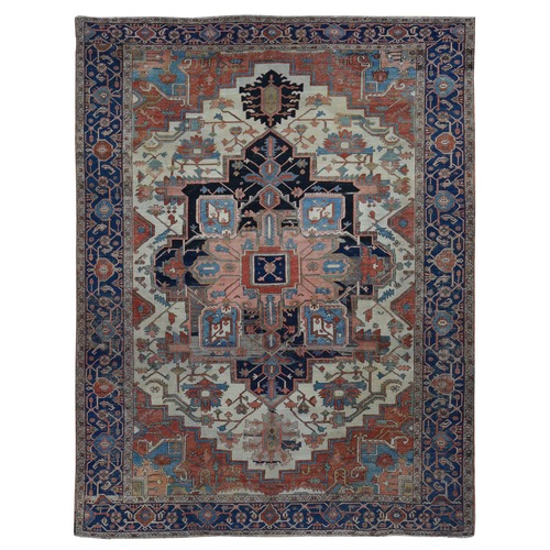 Daisy White, Antique Persian Serapi Heriz, Even Wear, Hand Knotted, Pure Wool, Sides and Ends Professionally Secured, Cleaned, Harmonizing Color Combination, Oriental Rug